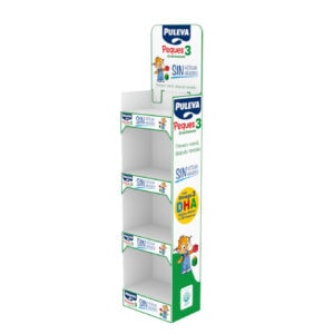 alt="Expositor de cartón barato con logotipo personalizado para tienda retail"