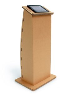 Atriles de cartón personalizables, fáciles de montar pocas piezas y imprimibles con tus colores y logotipo de marca, ideal para presentaciones