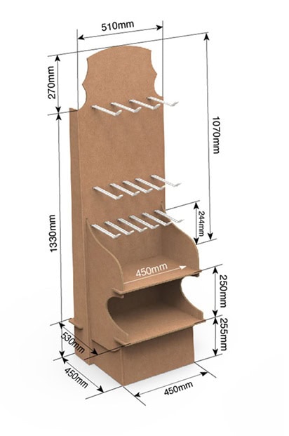 Expositor 2 de cartón estandar con bandejas y ganchos Expositor-2-de-carton-estandar-con-bandejas-y-ganchos