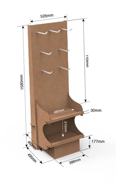 Expositor de cartón estandar con bandejas y ganchos expositores para stands de cartón, ideales para promociones y facilmente adaptables en medidas e impresión al cliente, ideales tiendas o supermercados