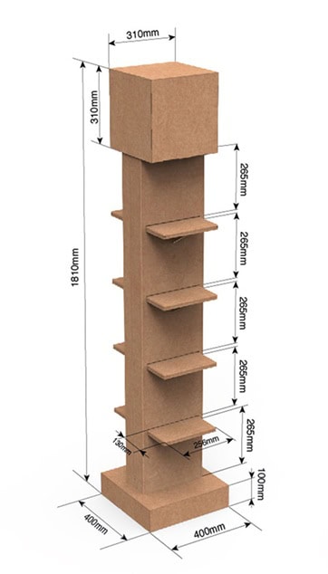 expositor o estructura de carton a dos caras con 4 estantes a cada lado MODELO 12 STANDAR expositor o estructura de carton a dos caras con 4 estantes a cada lado