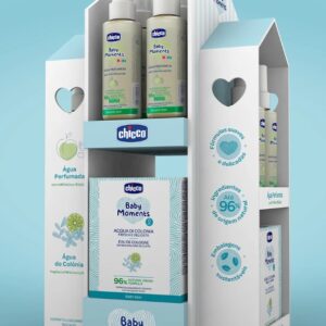 Expositor de cartón ecológico personalizado para farmacias con logo y diseño limpio