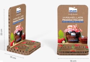 Expositor de cartón nido de abeja en punto de venta, con impresión premium, diseño elegante y estructura ligera para exhibir productos de lujo.