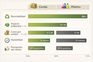 Gráfico comparativo de expositor de cartón reciclable vs plástico: reciclabilidad, impacto ambiental, costo y percepción del cliente.