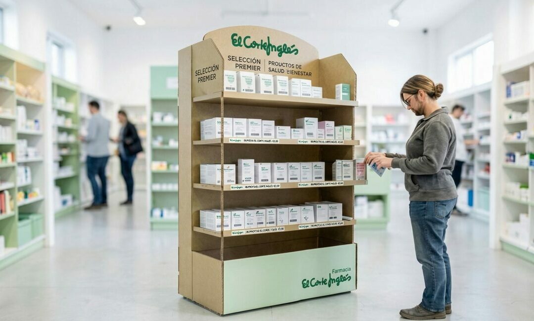 Expositor de cartón personalizado para farmacias con refuerzo metálico para medicamentos