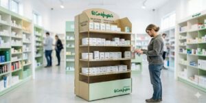 Expositor de cartón personalizado para farmacias con refuerzo metálico para medicamentos