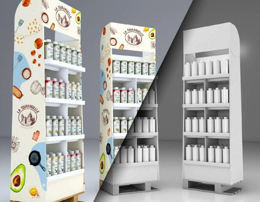 Expositor de cartón doble personalizado con logo y diseño full color para ferias y eventos