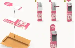 Guía de montaje en 3 pasos del expositor de cartón Dots: envío en plano y ensamblado final
