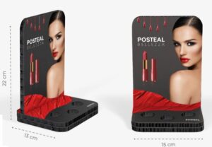 Expositor de cartón para productos cosméticos en supermercado, con compartimentos organizados y diseño elegante para perfumes y cremas